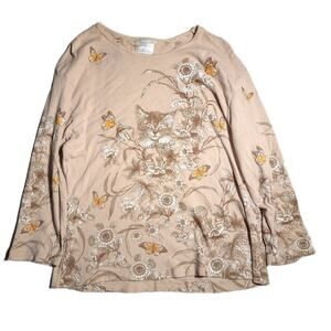 Vtg Y2K Morning Sun Beige Kitten Butterfly Rhinestone Embellished Top Sz 2X